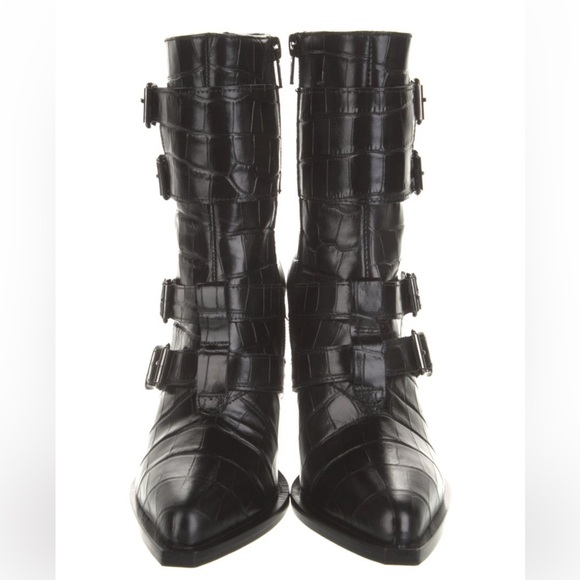 Pinko Lucciola Black Leather Croc Print Moto Boots - Picture 4 of 11